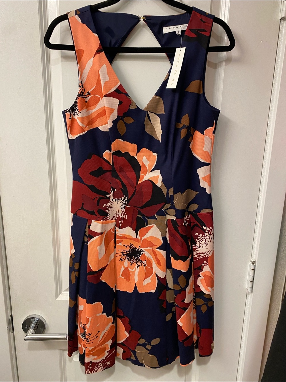 Trina Turk Navy Floral Dress with Orange and Burgundy Blooms NWT